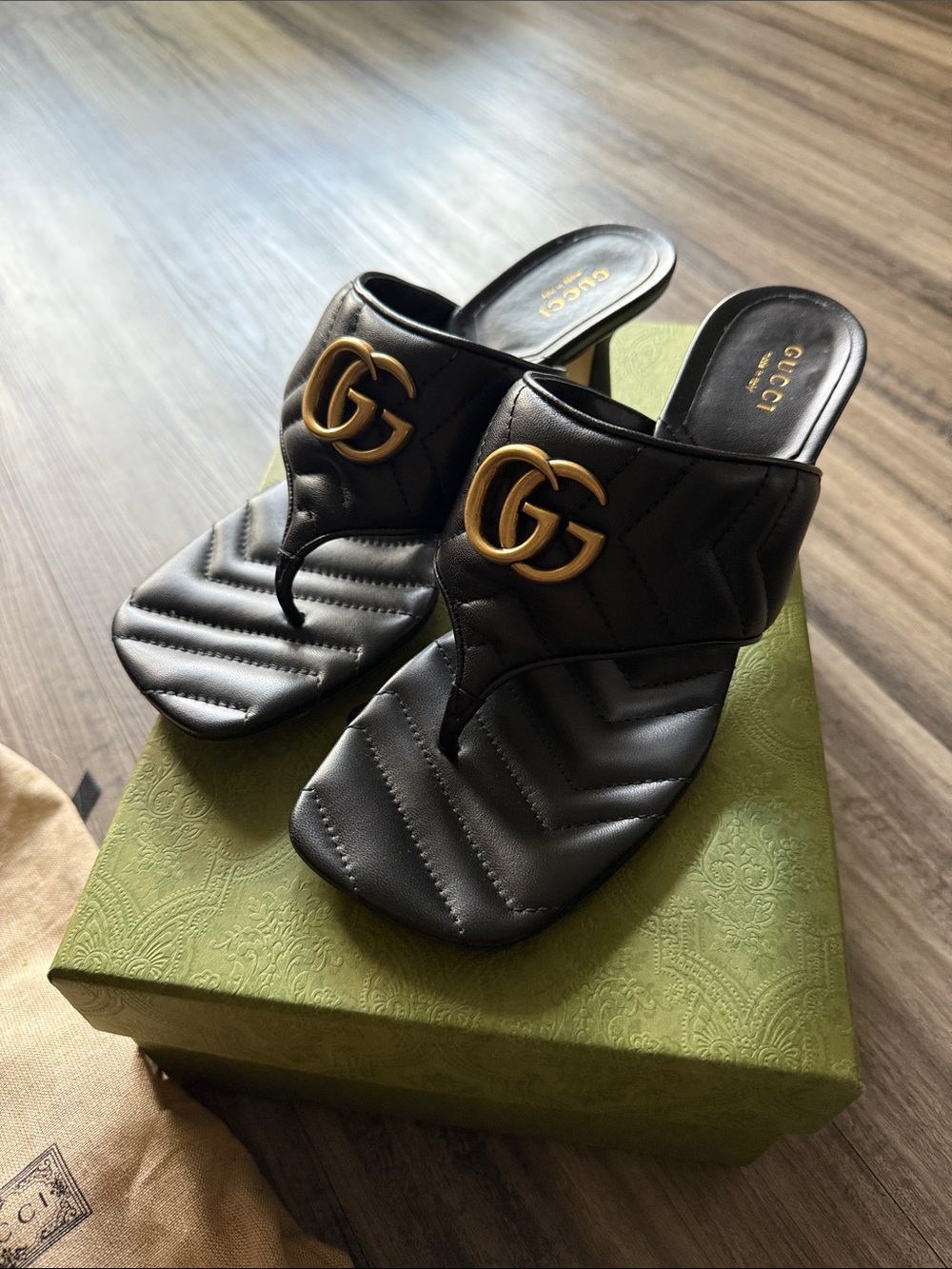 Gucci Black Quilted GG Logo Thong Mules